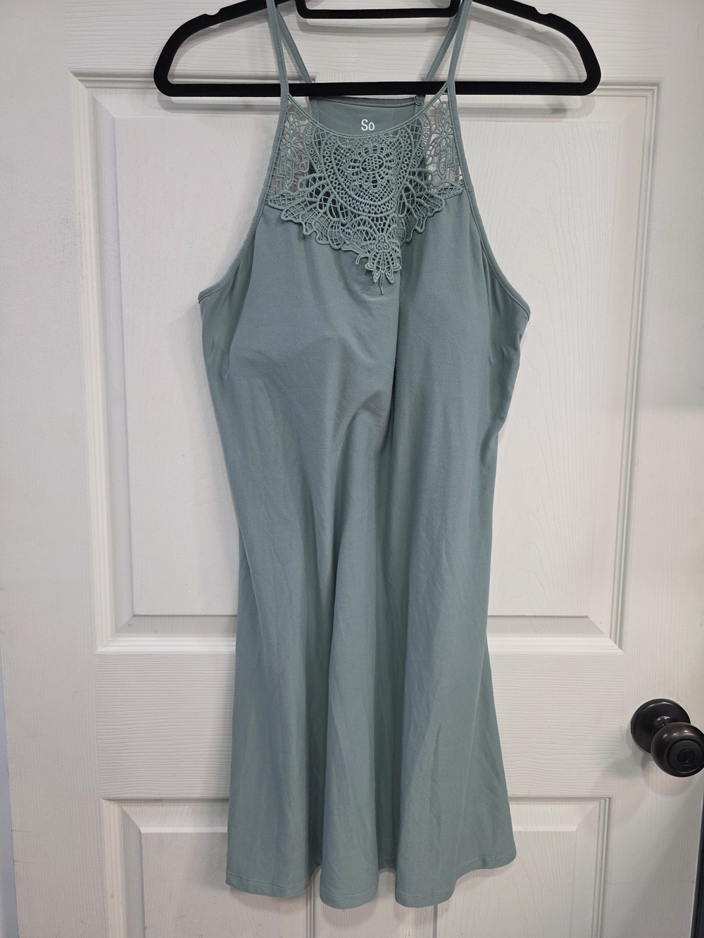 So Lace-Trim Halter Dress in Sage Green With Padded Shelf Bra